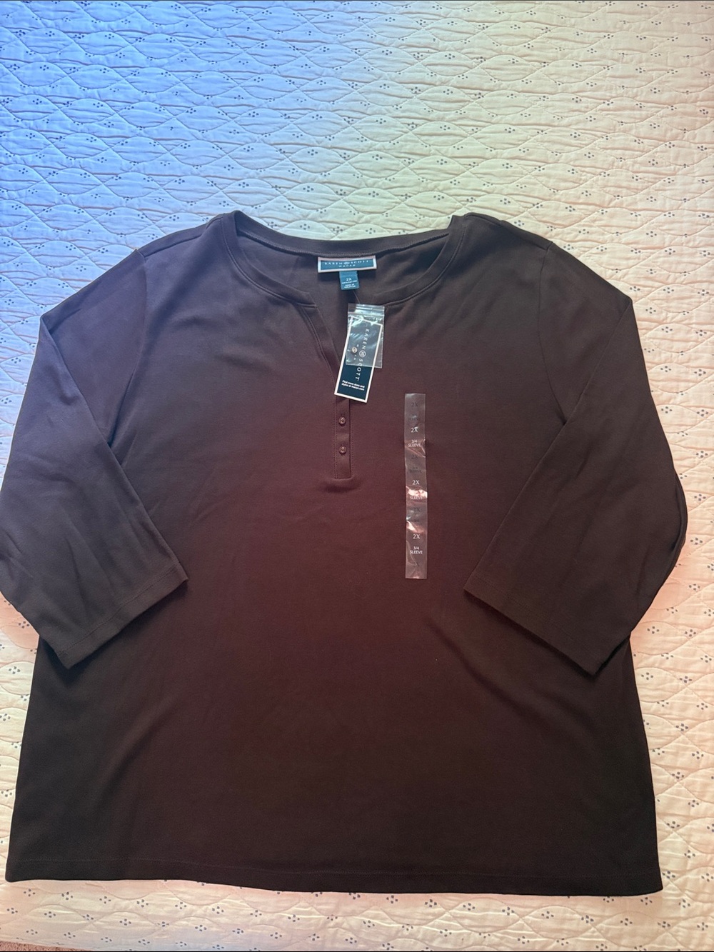 Karen Scott Chocolate Brown 3/4 Sleeve Henley Tee  2X. 100% Cotton.